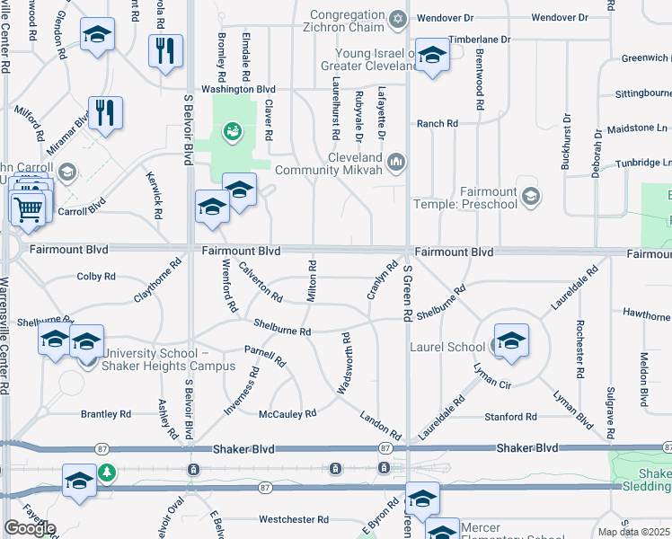 map of restaurants, bars, coffee shops, grocery stores, and more near 22575 Douglas Road in Shaker Heights