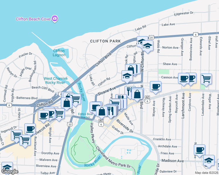 map of restaurants, bars, coffee shops, grocery stores, and more near 18436 Sloane Avenue in Lakewood