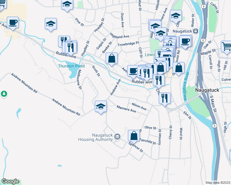 map of restaurants, bars, coffee shops, grocery stores, and more near 56 Andrew Avenue in Naugatuck
