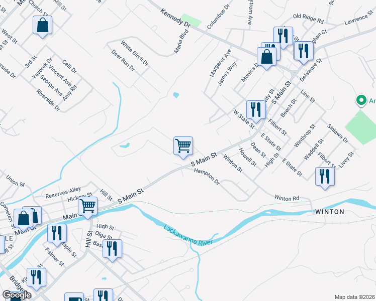 map of restaurants, bars, coffee shops, grocery stores, and more near 7 Valella Court in Archbald