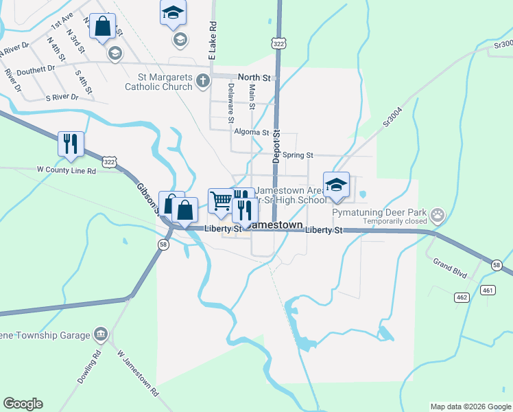 map of restaurants, bars, coffee shops, grocery stores, and more near 212 Main Street in Jamestown