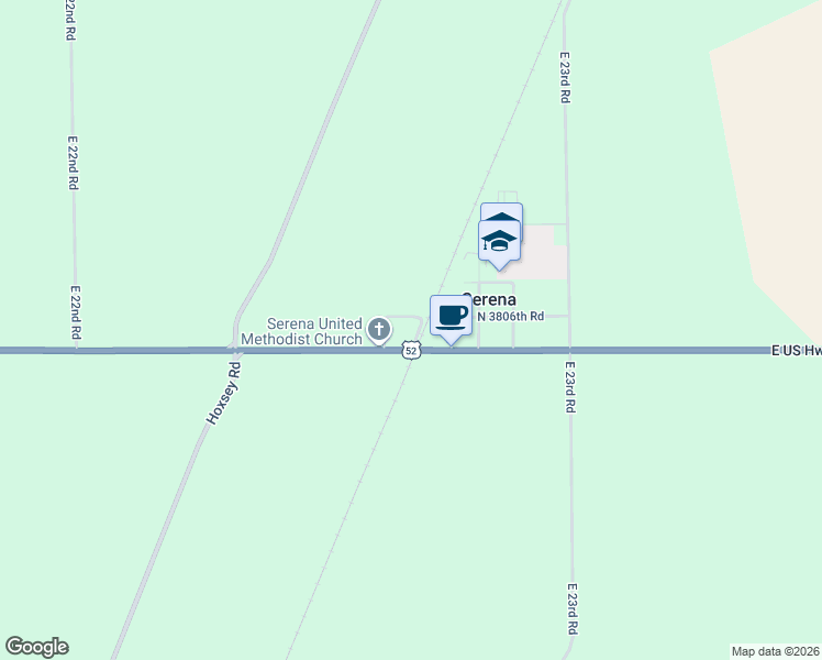 map of restaurants, bars, coffee shops, grocery stores, and more near 3801 East 2268th Road in Serena