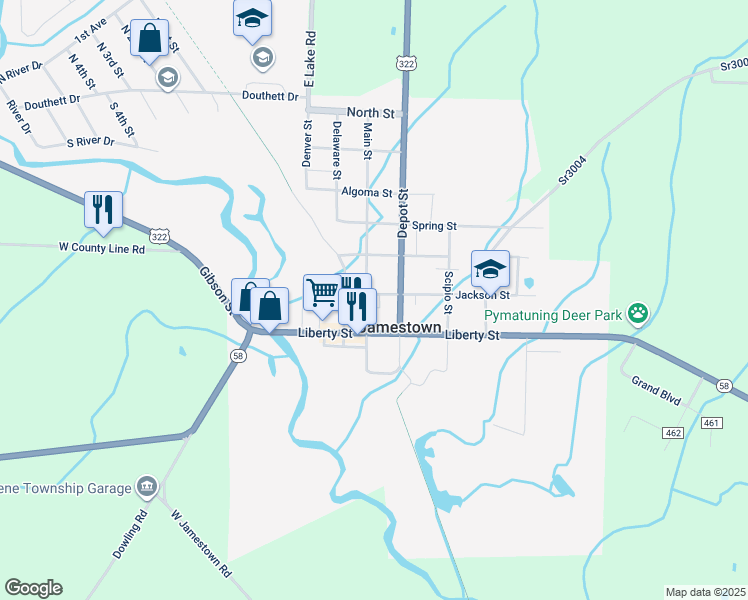 map of restaurants, bars, coffee shops, grocery stores, and more near 212 Main Street in Jamestown