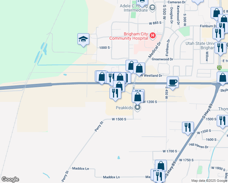 map of restaurants, bars, coffee shops, grocery stores, and more near West 1150 South in Brigham City