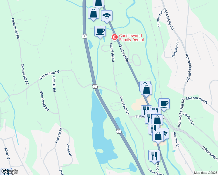 map of restaurants, bars, coffee shops, grocery stores, and more near 6 North Mountain Road in Brookfield