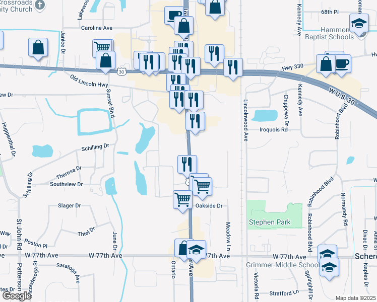 map of restaurants, bars, coffee shops, grocery stores, and more near 2021 U.S. 41 in Schererville