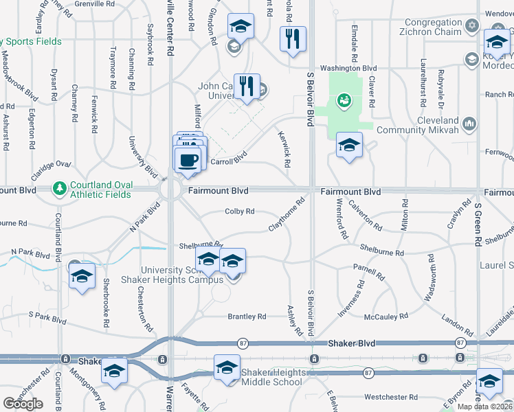 map of restaurants, bars, coffee shops, grocery stores, and more near 21149 Colby Road in Shaker Heights