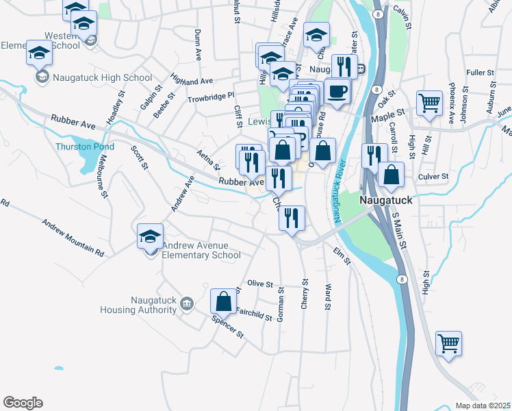 map of restaurants, bars, coffee shops, grocery stores, and more near 47 Arch Street in Naugatuck