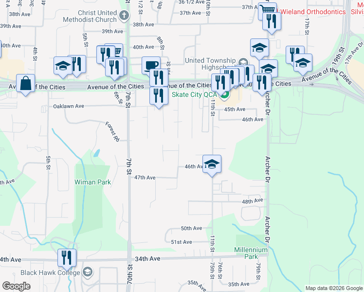 map of restaurants, bars, coffee shops, grocery stores, and more near 4500 9th Street Court in East Moline