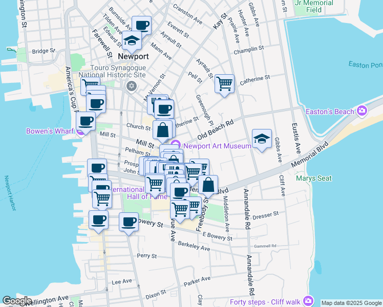 map of restaurants, bars, coffee shops, grocery stores, and more near 21 Tews Court in Newport