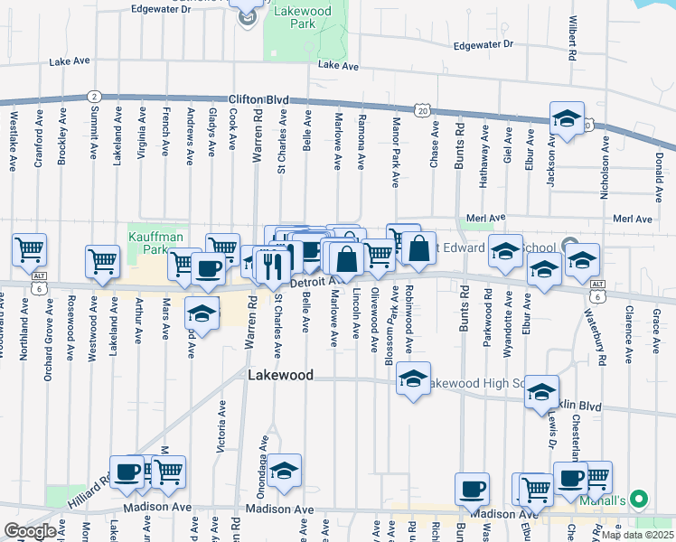 map of restaurants, bars, coffee shops, grocery stores, and more near 14404 Detroit Avenue in Lakewood