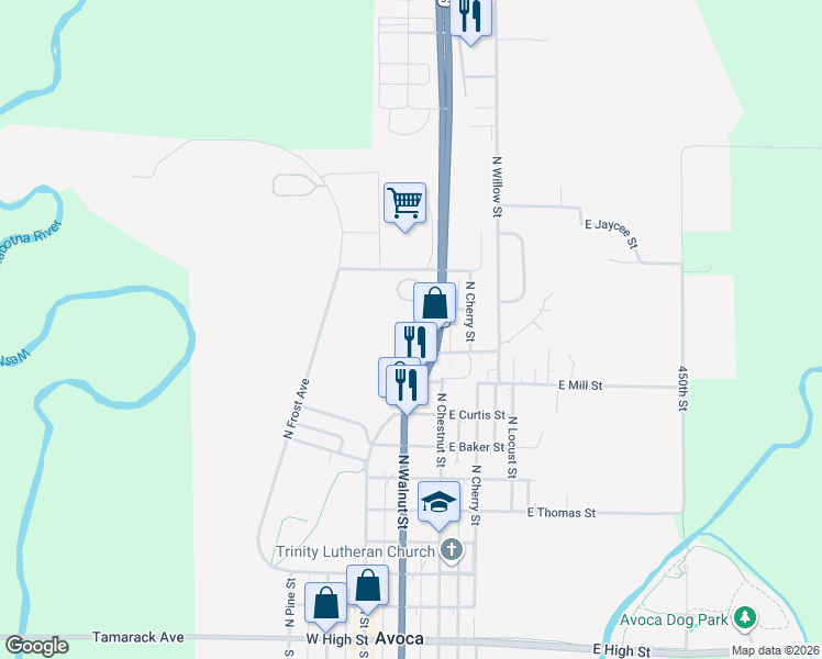map of restaurants, bars, coffee shops, grocery stores, and more near North Walnut Street in Avoca