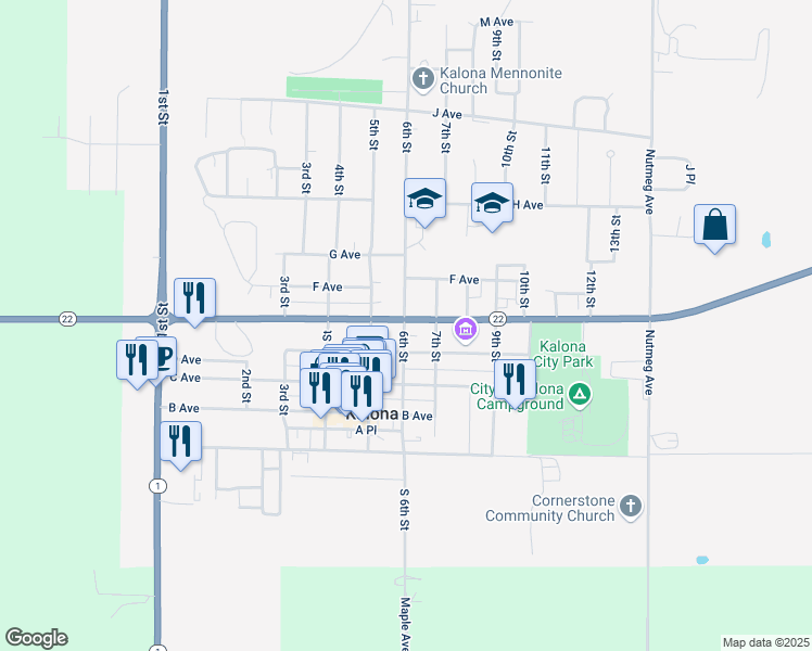 map of restaurants, bars, coffee shops, grocery stores, and more near 600 E Avenue in Kalona