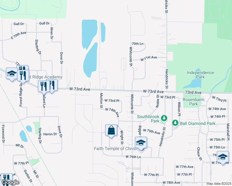 map of restaurants, bars, coffee shops, grocery stores, and more near 4059 West 73rd Avenue in Merrillville