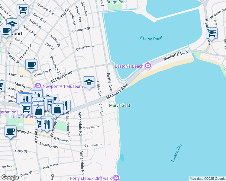 map of restaurants, bars, coffee shops, grocery stores, and more near 124 Memorial Boulevard in Newport