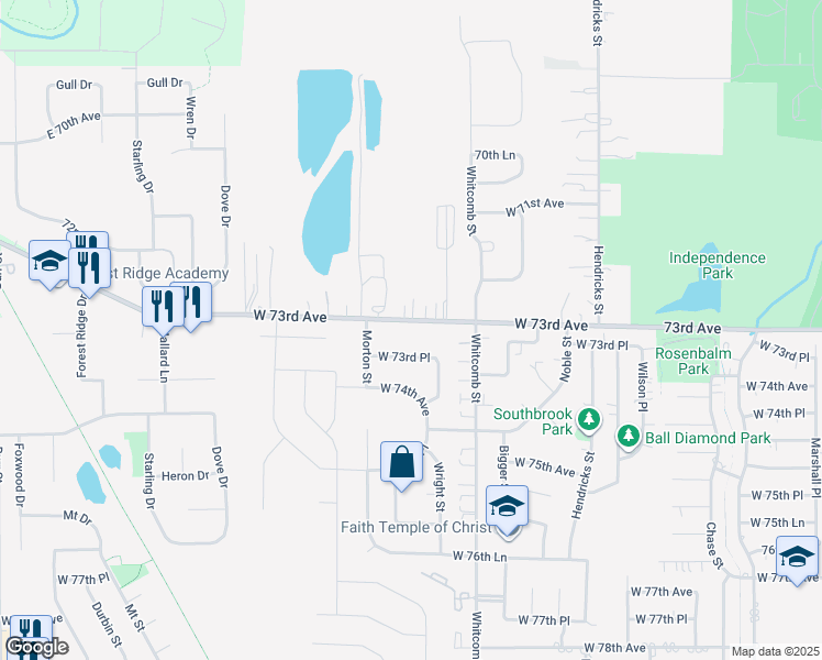 map of restaurants, bars, coffee shops, grocery stores, and more near 4073 West 73rd Avenue in Merrillville
