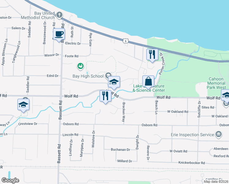 map of restaurants, bars, coffee shops, grocery stores, and more near 29230 Wolf Road in Bay Village