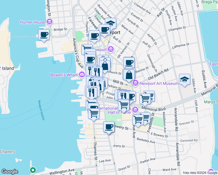 map of restaurants, bars, coffee shops, grocery stores, and more near 12 Corne Street in Newport