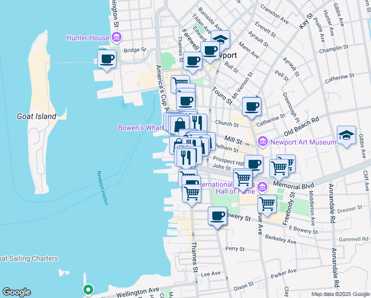 map of restaurants, bars, coffee shops, grocery stores, and more near 320 Thames Street in Newport