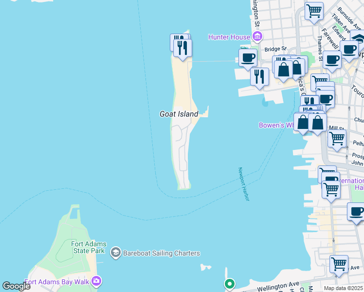 map of restaurants, bars, coffee shops, grocery stores, and more near 12 Defenders Row in Newport