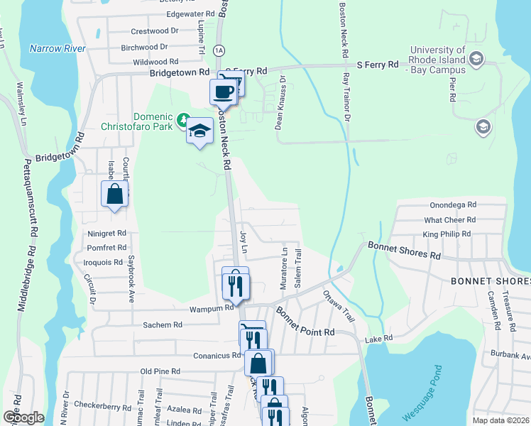 map of restaurants, bars, coffee shops, grocery stores, and more near 16 Lilly Lane in Narragansett