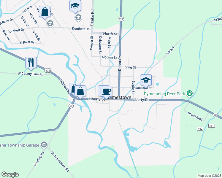 map of restaurants, bars, coffee shops, grocery stores, and more near 212 Main Street in Jamestown
