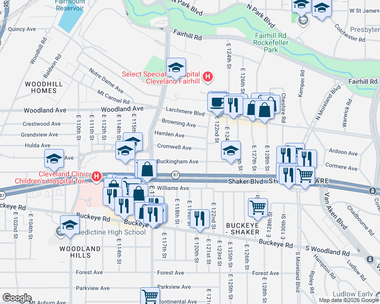 map of restaurants, bars, coffee shops, grocery stores, and more near 11823 Buckingham Avenue in Cleveland