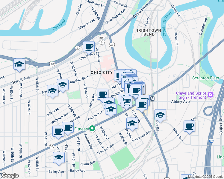 map of restaurants, bars, coffee shops, grocery stores, and more near 2700 Bridge Avenue in Cleveland