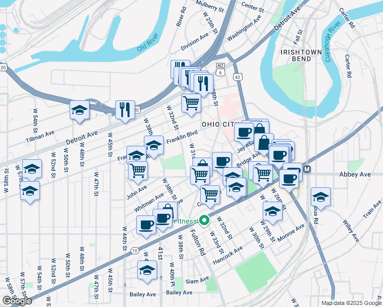 map of restaurants, bars, coffee shops, grocery stores, and more near 1746 West 31st Place in Cleveland