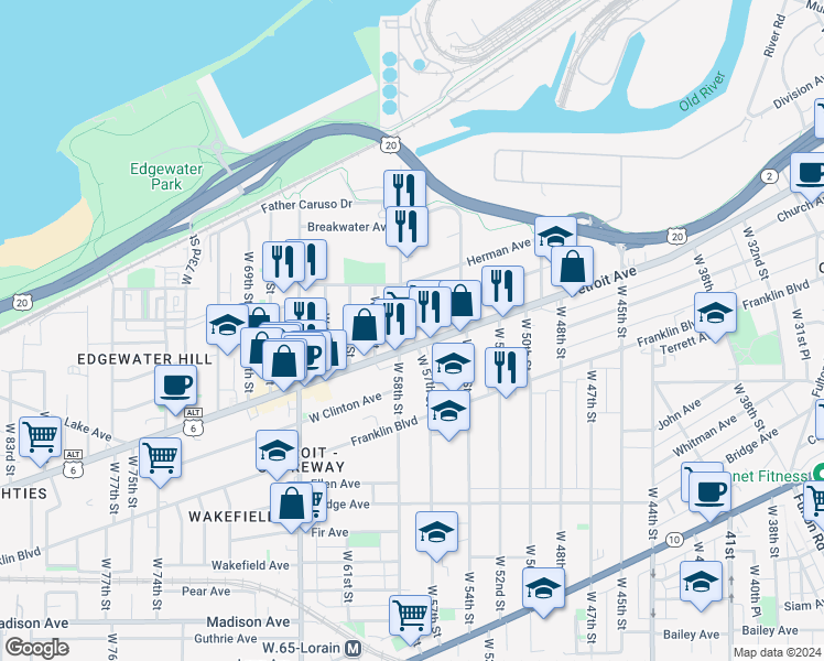 map of restaurants, bars, coffee shops, grocery stores, and more near 1387 West 58th Street in Cleveland