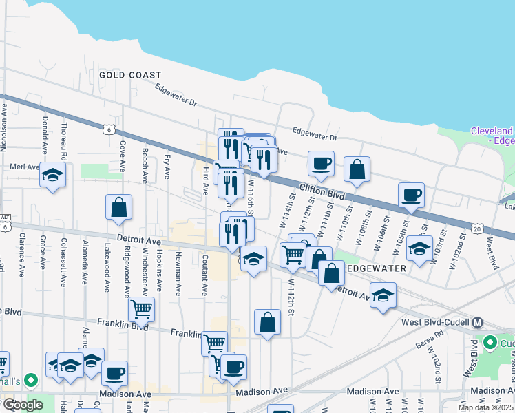 map of restaurants, bars, coffee shops, grocery stores, and more near 1314 West 115th Street in Cleveland
