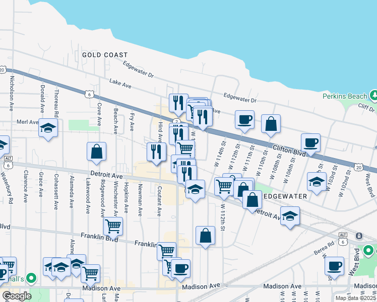 map of restaurants, bars, coffee shops, grocery stores, and more near 1310 West 116th Street in Cleveland