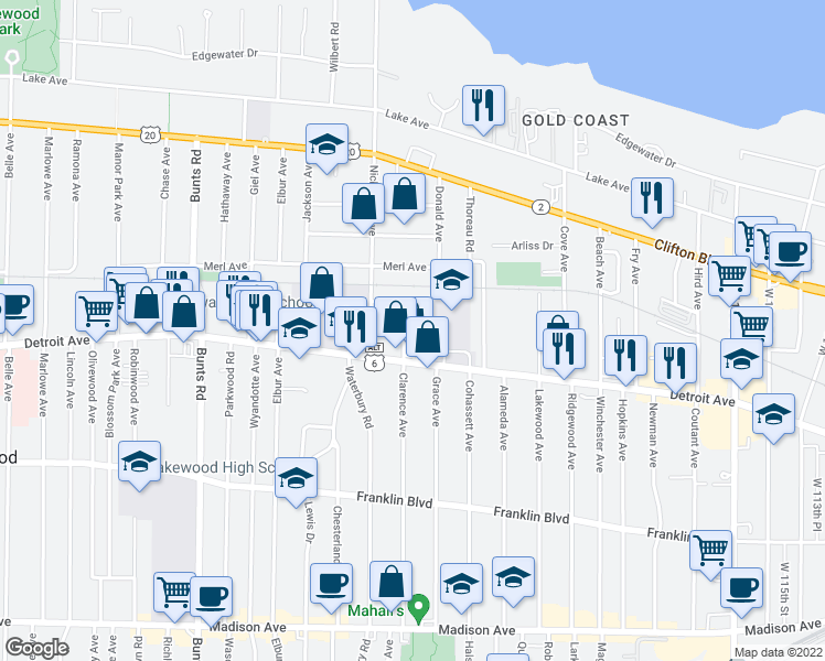 map of restaurants, bars, coffee shops, grocery stores, and more near in Lakewood
