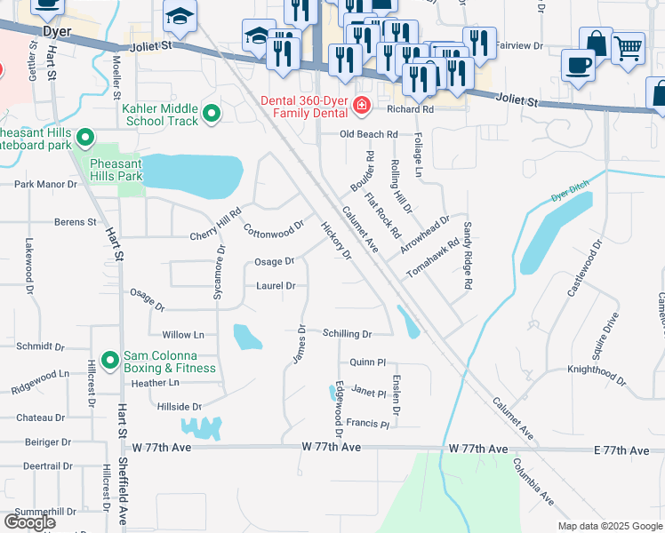 map of restaurants, bars, coffee shops, grocery stores, and more near 810 Wells Court in Dyer
