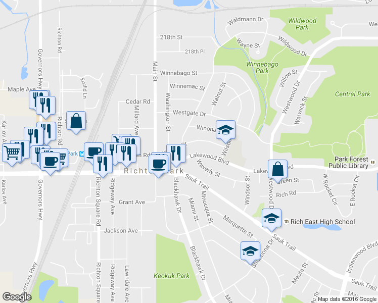 map of restaurants, bars, coffee shops, grocery stores, and more near 533 Wildwood Drive in Park Forest