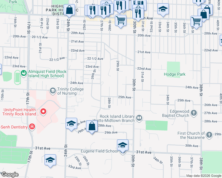 map of restaurants, bars, coffee shops, grocery stores, and more near 2420 28th Street in Rock Island