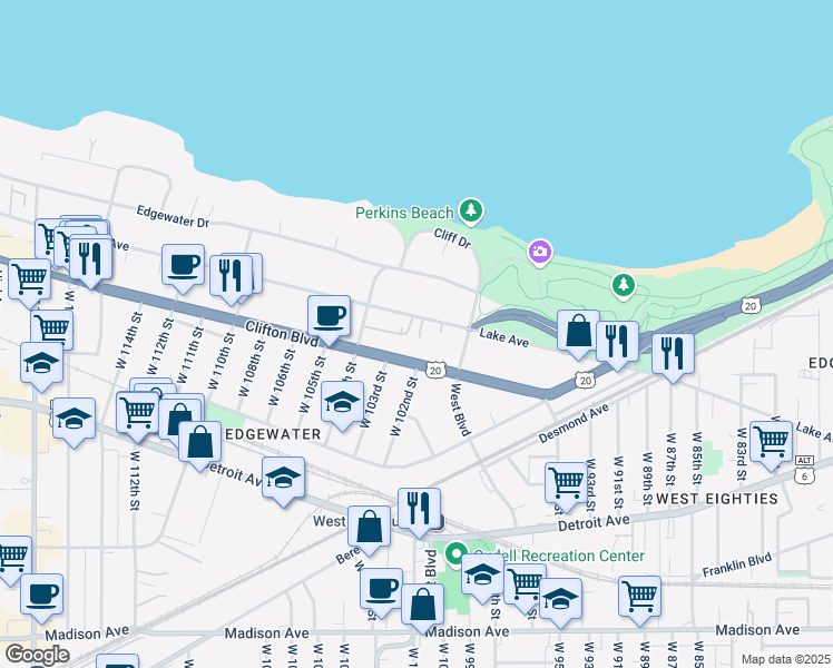 map of restaurants, bars, coffee shops, grocery stores, and more near 10109 Lake Avenue in Cleveland