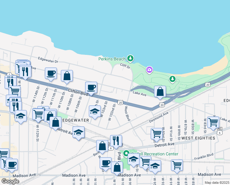 map of restaurants, bars, coffee shops, grocery stores, and more near 10220 Clifton Boulevard in Cleveland
