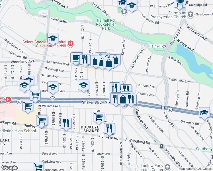 map of restaurants, bars, coffee shops, grocery stores, and more near 2671 East 128th Street in Cleveland