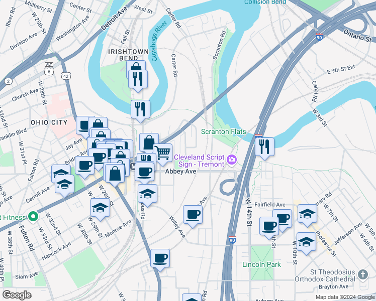 map of restaurants, bars, coffee shops, grocery stores, and more near 2123 West 18th Street in Cleveland