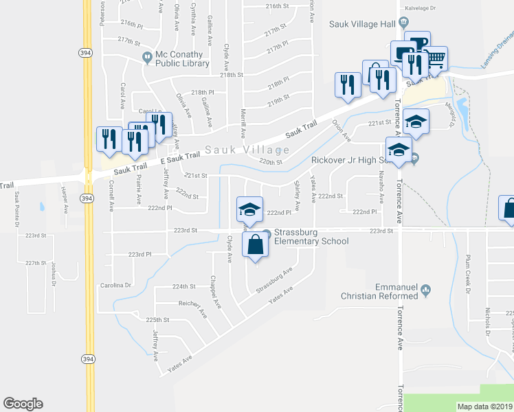 map of restaurants, bars, coffee shops, grocery stores, and more near 22228 Paxton Avenue in Chicago Heights