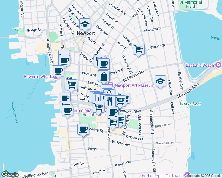 map of restaurants, bars, coffee shops, grocery stores, and more near 76 Bellevue Avenue in Newport