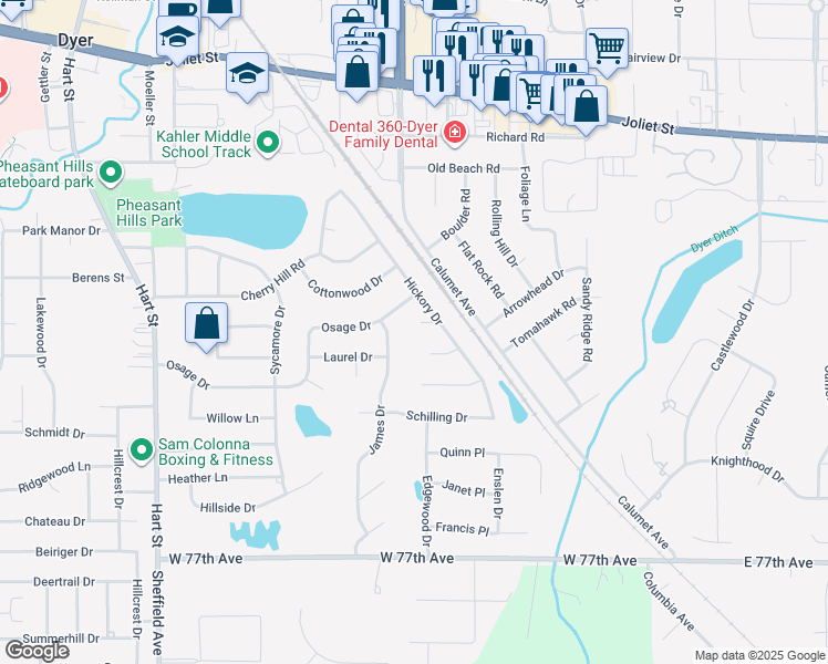 map of restaurants, bars, coffee shops, grocery stores, and more near 810 Wells Court in Dyer