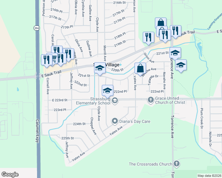 map of restaurants, bars, coffee shops, grocery stores, and more near 22228 Paxton Avenue in Sauk Village