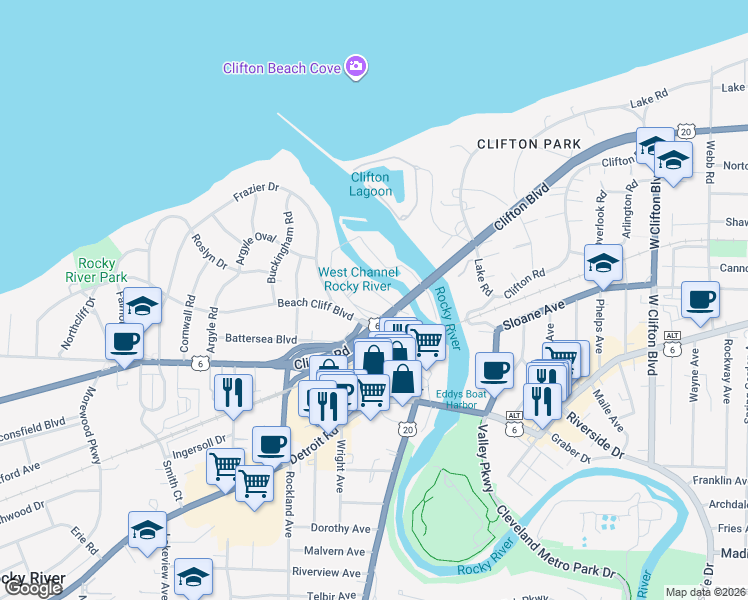 map of restaurants, bars, coffee shops, grocery stores, and more near 359 Riverdale Drive in Rocky River