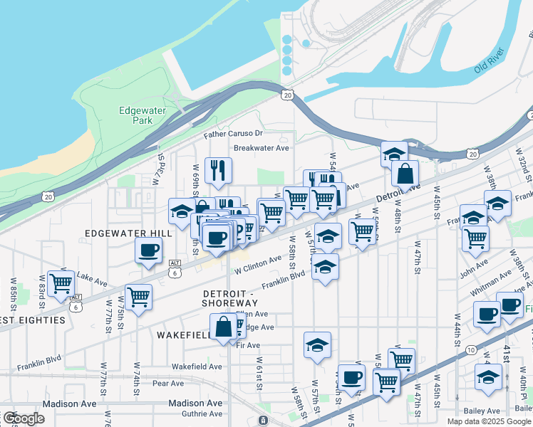 map of restaurants, bars, coffee shops, grocery stores, and more near 1351 West 61st Street in Cleveland