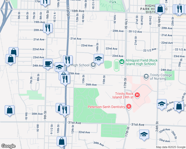 map of restaurants, bars, coffee shops, grocery stores, and more near 2500 15th Street Court in Rock Island