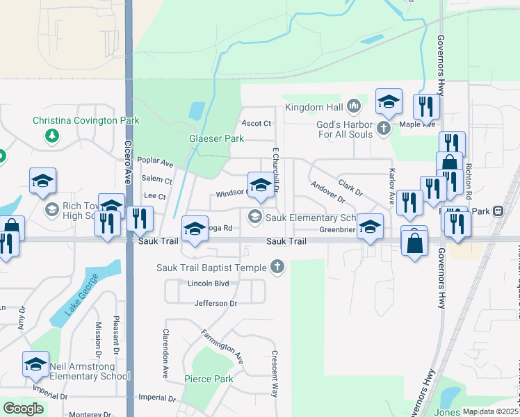 map of restaurants, bars, coffee shops, grocery stores, and more near 4435 Churchill Drive South in Richton Park