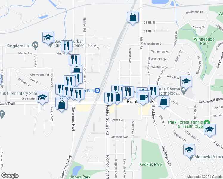 map of restaurants, bars, coffee shops, grocery stores, and more near 6 Thomas Court in Richton Park