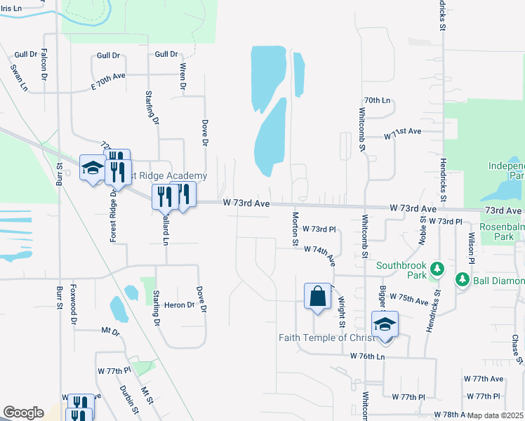 map of restaurants, bars, coffee shops, grocery stores, and more near 4595 West 73rd Court in Merrillville